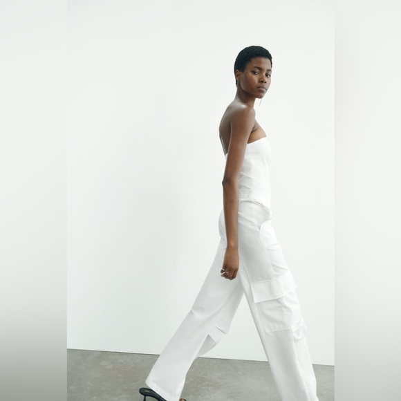 NWT Zara Strapless Wide Leg Cargo Jumpsuit in Off-White - Picture 12 of 16